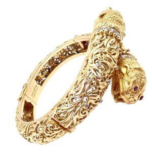 Rare Ilias Lalaounis 18k Yellow Gold Double Chimera Diamond Ruby Bangle Bracelet